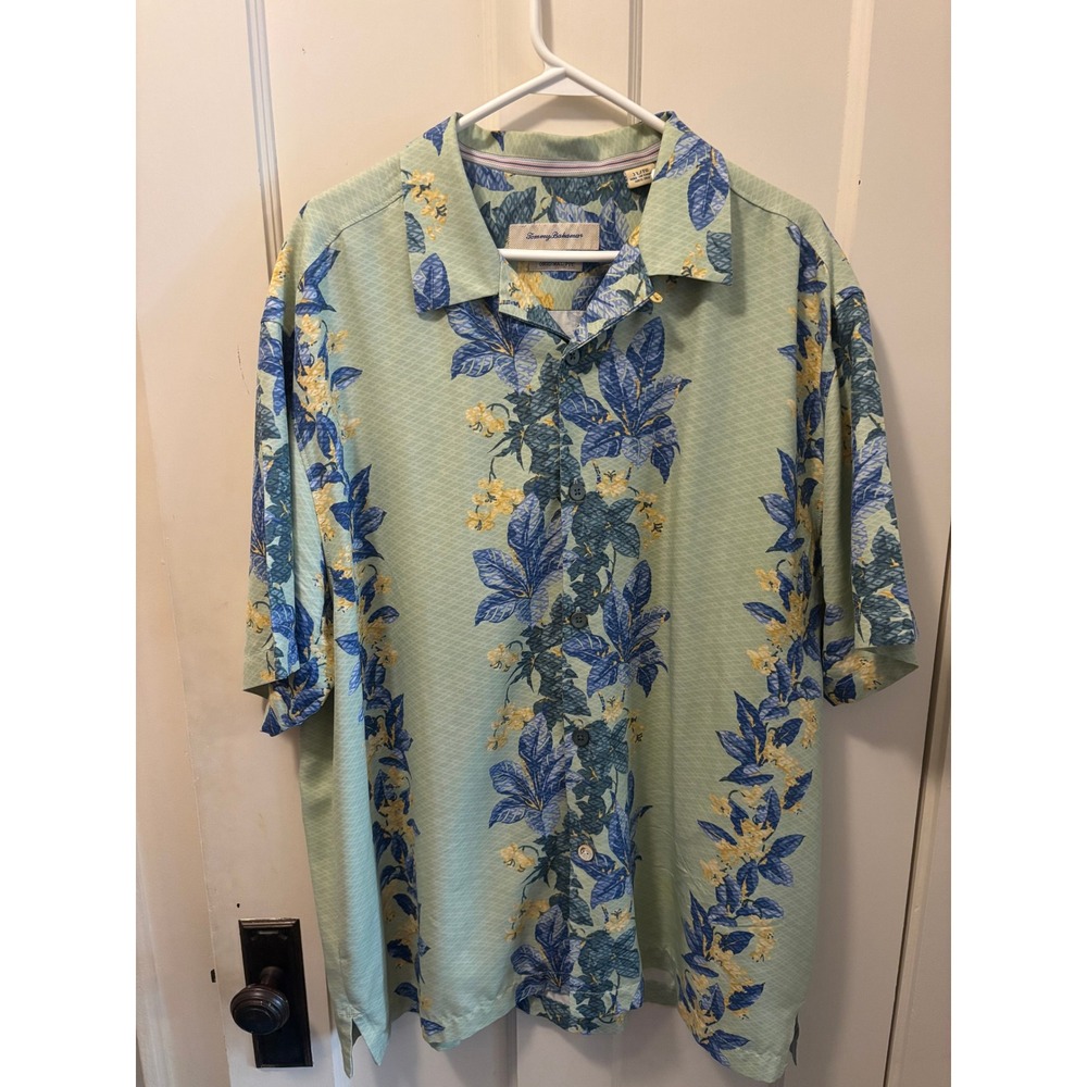 Tommy Bahama Silk Floral Camp Shirt Mens XL Green Blue Tropical Original Fit